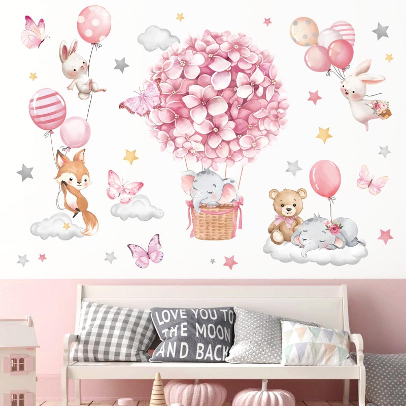 decalmile Animals Hot Air Balloon Wall Decals Flowers Balloons Elephant Bear Wall Stickers Baby Nursery Girls Bedroom Toddler Room Wall Decor - Image 3